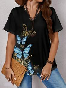 EMERY ROSE Kaos Wanita Ukuran Besar Longgar Motif Kupu-kupu Biru Kasual Minimalis untuk Liburan, Cocok untuk Pakaian Musim Panas Wanita, Motif Bunga/Musim Semi - MultiWarna - View 5