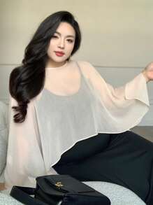 Dazy Plus Plus Size Crew Neck Sheer Batwing Sleeve Asymmetrical Hem Elegant Sheer Top,Crop Tops Women