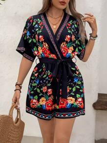 EMERY ROSE Plus Size V-Neck Short Sleeve Cropped Retro Print Jumpsuit - Black - View 3