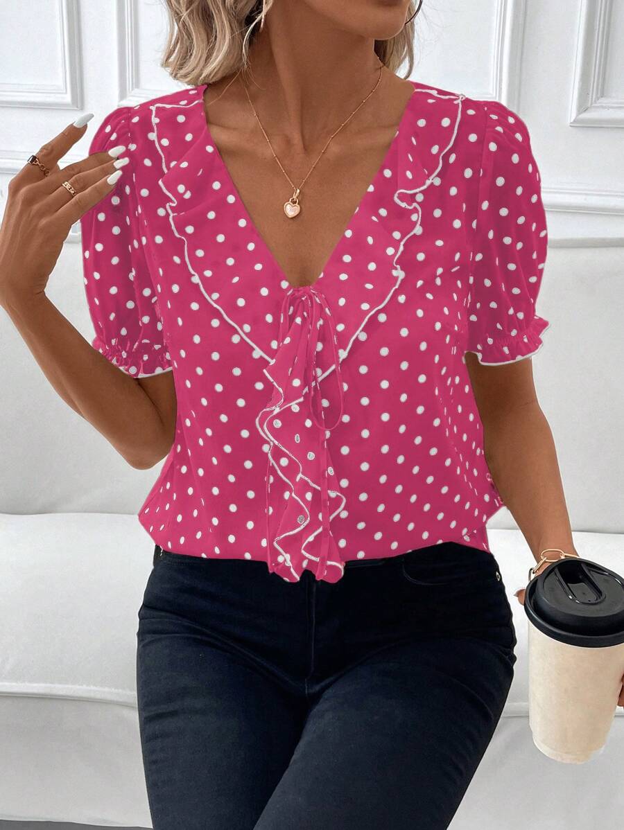 SHEIN Clasi 女式泡泡袖波尔卡圆点撞色荷叶边下摆优雅衬衫 - 玫紅色 - 查看 1