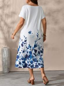 EMERY ROSE Ombre Watercolor Floral Print V-Neck Short Sleeve Plus Size Maxi Dress