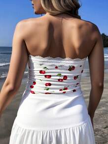 SHEIN EZwear Plus Cherry Print Lace Trim Ruched Top, For Summer - White - View 4