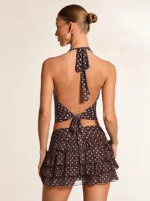 Glamine 海军蓝和白色波尔卡圆点针织优雅性感简约高弹力垂坠领无袖细肩带复古波尔卡圆点印花女式吊带背心 - 棕色 - 查看 2