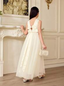 Đầm liền quần không tay bằng vải satin và lưới màu mơ thanh lịch cho bé gái tuổi mới lớn, trang phục phù hợp cho mẹ và bé (2 món bán riêng), mùa hè - Màu be - Xem 3