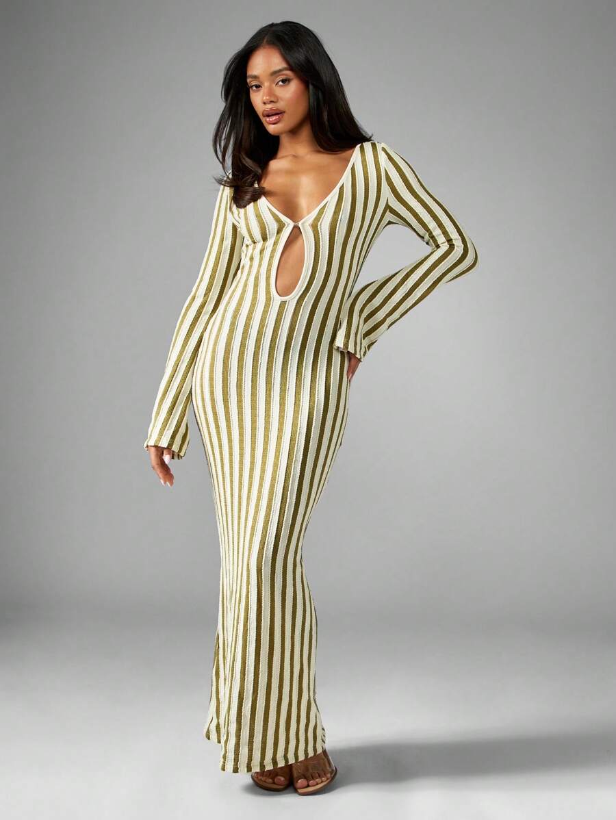 MISSGUIDED 条纹长袖锁孔透视超长海滩罩衫