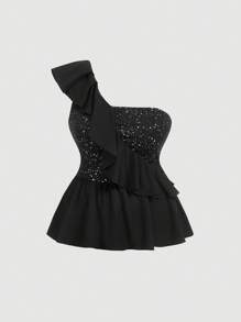 SHEIN MOD Plus Size Women Shiny Metallic Foil One Shoulder Elegant Party Camisole Top - Black - View 1