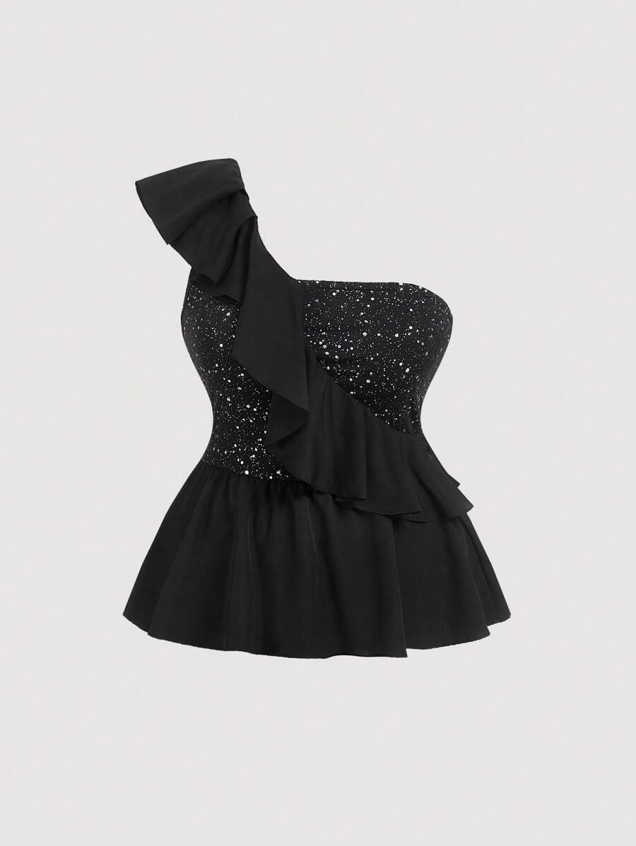 SHEIN MOD Plus Size Women Shiny Metallic Foil One Shoulder Elegant Party Camisole Top - Black - View 1