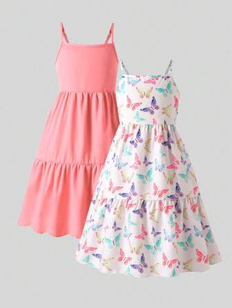 Genkimix Kids Set de 2 vestidos para niñas preadolescentes con estampado de mariposa colorido y sólido de color púrpura