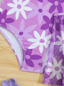 SHEIN Bộ đồ bơi liền thân in hoa cho bé gái tuổi teen kèm chân váy lưới - Nhiều màu - Xem 3