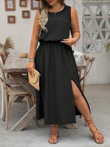 SHEIN LUNE Plus Size LUNE Crew Neck Sleeveless Solid Color Casual Commuting Dress, Waist Cinched, Side Slit, Suitable For Women - Black - View 4