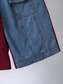 2 件套休闲牛仔拼布针织 T 恤和短裤，适合青少年男孩，时尚街头风格牛仔拼布服装