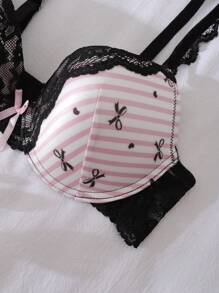 DelicateAllure Underwire Padded 3/4 Cup Bras, Gathering & Lifting, Cute Bow, Striped, Color Contrast, Lace, Satin, Ladies Bra - Pink - View 3