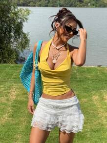 SHEIN EZwear Yellow Knitted Women's Halter Neck Tank Top, Fashionable For Summer - Yellow - View 4