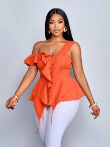 SOLERSUN Plus Size Women's Spring And Summer Solid Color Asymmetrical Hem Ribbon Straps One Shoulder Collar Elastic Shirt, Daily Commuting Travel Loose Casual Shirt, Seaside Vacation, Beach Vacation - Orange - View 6