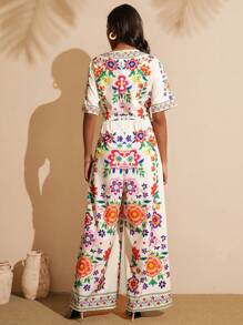 Vesra Women's Full Print Waisted Ruched Jumpsuit