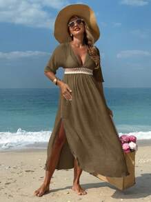 SHEIN Kobiety w ciąży dekolt w serek patchwork szydełkowy koronkowy obszycie blok kolorów okładka okładka