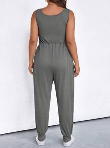 SHEIN LUNE Plus Size Solid Color Crew Neck Sleeveless Jumpsuit With Pockets, Casual For Summer - Dark Grey - View 2