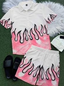 PAVTROS Men's Summer Fashion Flame Pattern Printed Short Sleeve Casual Shirt And Shorts Set, Perfect Gift For Boyfriend, 2 Pieces Set Summer Men - Multicolor - View 1