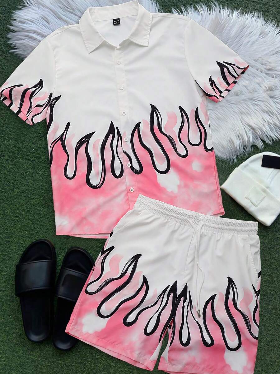 PAVTROS Men's Summer Fashion Flame Pattern Printed Short Sleeve Casual Shirt And Shorts Set, Perfect Gift For Boyfriend, 2 Pieces Set Summer Men - Multicolor - View 1