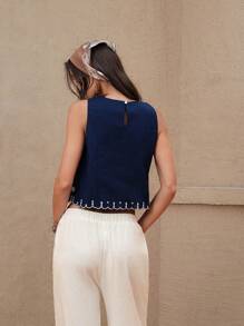 Wildy 夏季美式西部乡村风圆领短款蓝色刺绣无袖女式衬衫波西米亚母亲节度假女式乡村海军蓝上衣波西米亚风上衣基本款上衣