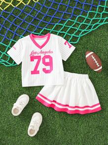 SHEIN 2 件套女婴运动衫和百褶裙套装，适合春夏季，0-3 岁 - 玫紅色 - 查看 2