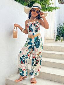 SHEIN 青少年女孩休闲夏季度假风格宽松热带植物印花吊带连体裤夏季灯笼裤夏威夷连体裤 - 彩色 - 查看 3