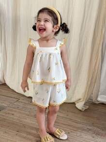LMoss Kids 2 件套女婴碎花方领荷叶边休闲上衣和短裤套装 - 彩色 - 查看 10