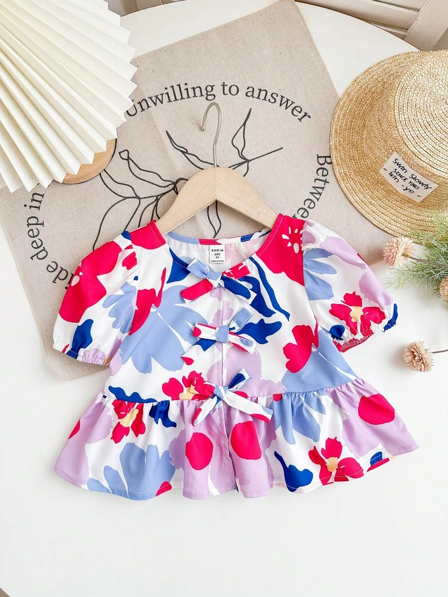 Young Girl Fashionable Ditsy Floral Printed Gathered Puff Sleeve Fitted Casual Blouse - Hot Pink - View 1