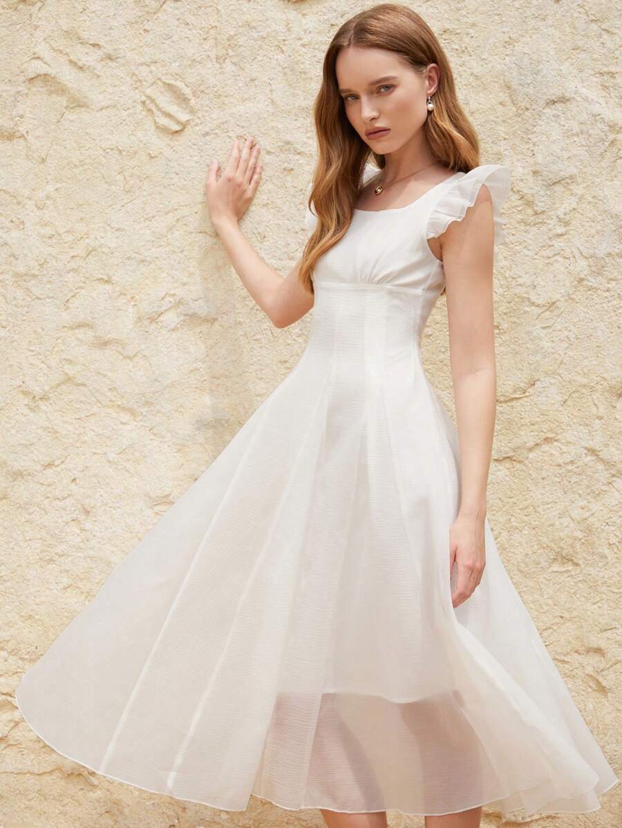 Aveloria Romantic & Elegant French Style Slim Fit Cap Sleeve Midi Dress Old Money Style For Summer Spring Fall Autumn - White - View 1