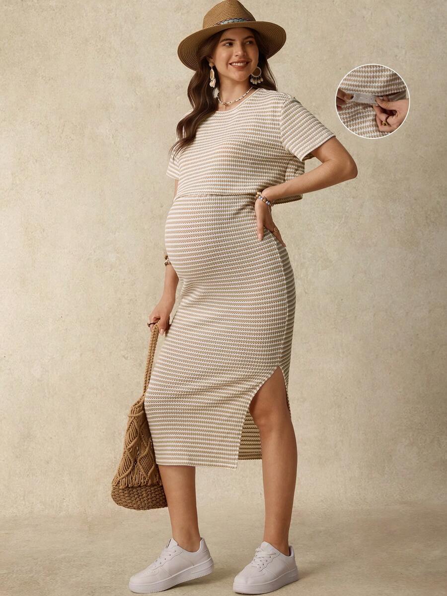 SHEIN Maternity Two Pieces Suits Boho/Bohemia Summer Clothes Vacation Outfits - Apricot - View 1