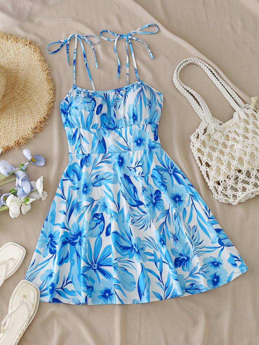 SHEIN Franclia 女式花卉印花系带短款休闲连衣裙 - 藍白色 - 查看 1