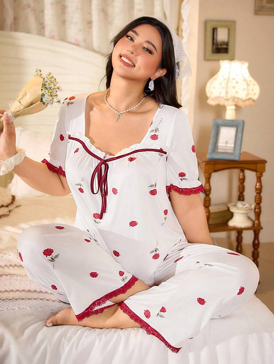 CottageSlumber Plus Size Romantic Floral Rose Print Contrast Color Lace Pajama Set Holiday Season - Rusty Rose - View 1