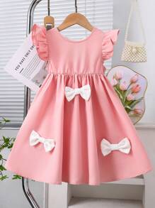 Young Girl Solid Color Round Neck Ruffle Trim Chiffon Dress - Pink - View 2