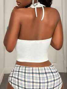 BamGleam Blusa corta con espalda descubierta y patchwork a cuadros blancos