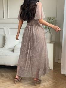 DAZY 女士V领亮面收腰中长连衣裙舞会礼服 - 金色 - 查看 2