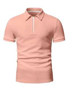 Manfinity Homme Men's Solid Color Half Zip Polo Shirt, Short Sleeve Summer Polo Shirt For Men Men Shirts Polo Polo T Shirt Men Polo Men Shirt - Dusty Pink - View 4