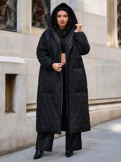 EURMUSE Big Pocket Long Hooded Women's Padded Coat, Daily Casual, Winter Women Clothes, Padded Coat Women Womens Quilted Winter Coat Long Black Winter Coat Hooded Winter Coat Women Long Jacket For Women Long Coat Long Coats For Women Outerwear Women