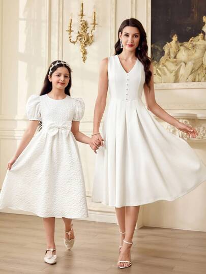 Tween Girls' Elegant Textured Bow Short Sleeve Dress For Summer, Mommy And Me Matching Outfits (2 Pieces Sold Separately)