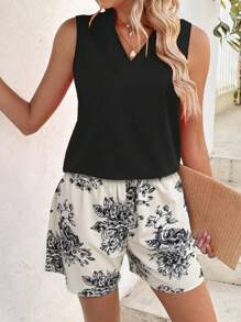 Breezaya Bộ áo không tay và quần short in họa tiết hoa đồng màu, Xuân/Hè - màu đen - Xem 4