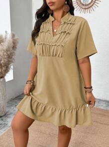 SHEIN Clasi Plus Size Women Solid Color V-Neck Ruffle Cut-Out Casual Dress - Khaki - View 4