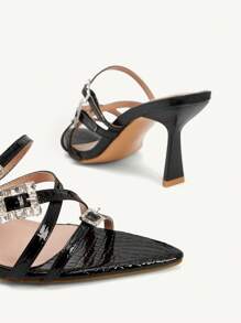 CUCCOO CHICEST 夏季新款女士高跟凉鞋，水钻扣带尖头细高跟鞋，优雅奢华浪漫性感黑色仿蜥蜴皮正装鞋，适合派对、约会、时尚活动 - 黑色 - 查看 12