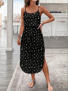 SHEIN LUNE Damen Batik Blümchen Pastellkleid mit Trägern, Taillenraffung und Schlitz, geeignet für Sommerurlaub