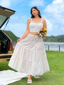 SHEIN EZwear Plus Size Ditsy Floral Ruffle Hem Casual Cottage Core Goth Wide Skirt For Women Vacation White Summer - Multicolor - View 3