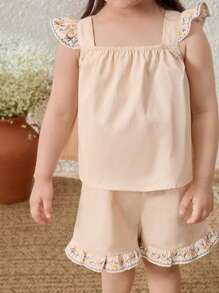 Blossori Baby Girl Countryside Floral Embroidered Ruffle Sleeve Top And Shorts Set - Khaki - View 4