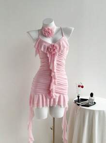 Comfortcana Women's Elegant Solid Color 3D Floral Ruffle Hem Spaghetti Strap Mini Dress - Pink - View 3