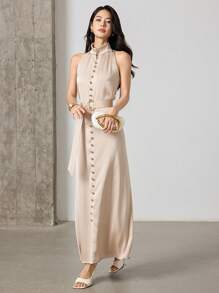 Modelyn 纽扣细节系带高领无袖连衣裙，外出和派对长款晚礼服 - 杏色 - 查看 4