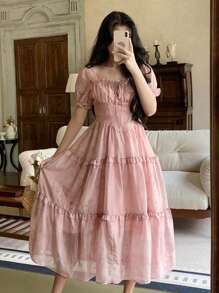 DAZY Đầm dài tay phồng, cổ vuông, in hoa toàn bộ, xếp ly, dành cho nữ. - Hồng - Xem 4