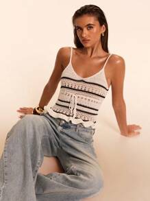 SHEIN BAE 性感V领镂空系带针织女式衬衫 - 彩色 - 查看 4