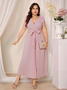 SHEIN Clasi Plus Size Enfärgad V-hals Plisserad midja Elegant klänning - Aprikos - Visa 4