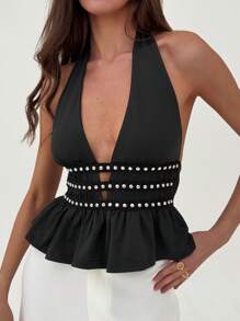 SHEIN Tall CURVE Débardeur sans manches dos nu avec volant et rivets, coloris unicolore, taille grande - Noir - Voir 3